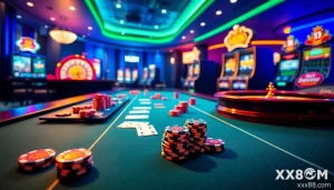 A thrilling poker game at xx88 com with vibrant chips and cards on a sleek table.