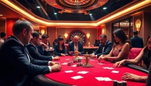 Players enjoying a high-stakes poker game at OKVIP casino, surrounded by chips and cards.
