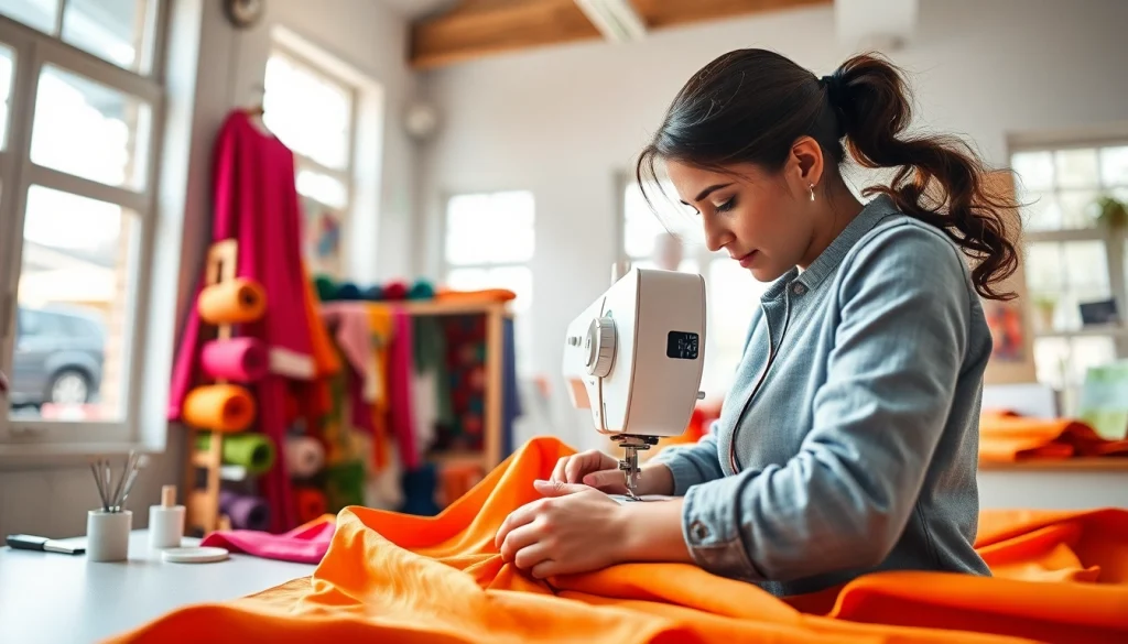 Creëer unieke kledingstukken met jersey stoffen in een levendige naaiwerkplaats.