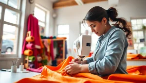 Creëer unieke kledingstukken met jersey stoffen in een levendige naaiwerkplaats.