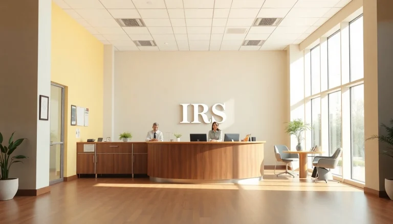 IRS office reception area with friendly staff assisting taxpayers in a welcoming environment.