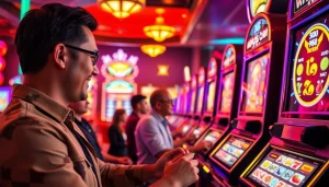 Menampilkan slot depo 1k dengan permainan mesin slot yang menarik dan pemain bersemangat di kasino.