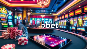 Sbobet gambling action at a luxurious casino with poker chips, roulette wheel, and slot machines.