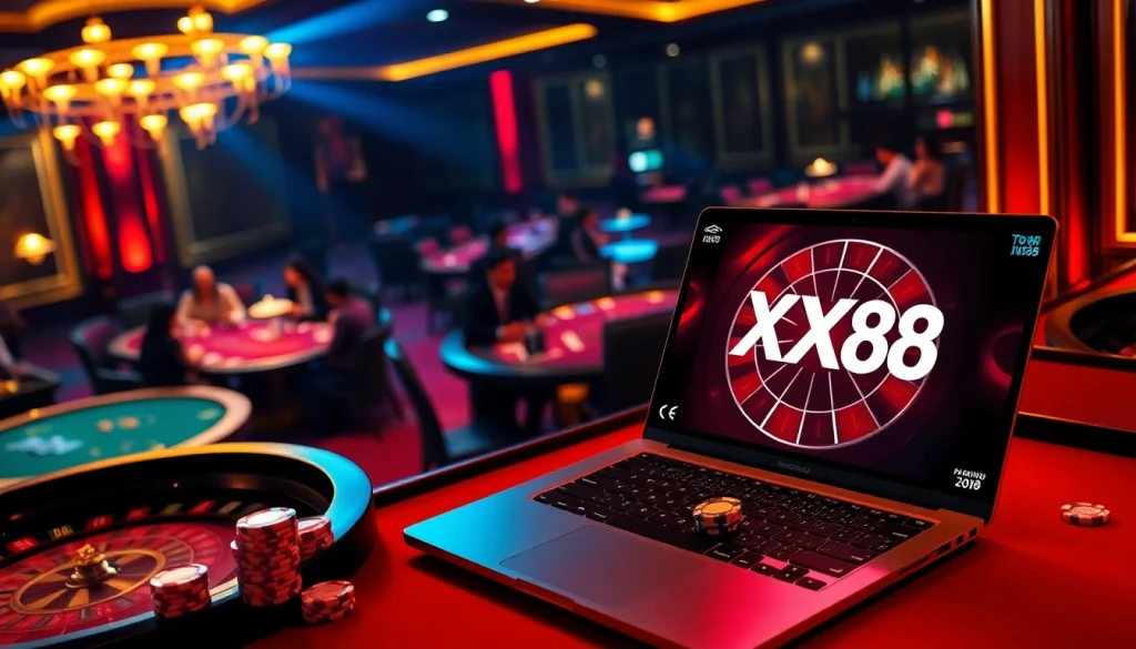 Experience the thrill of gaming at XX88 with vibrant casino tables and roulette wheels.