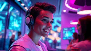 AI NSFW character engaging users in a futuristic lounge setting.