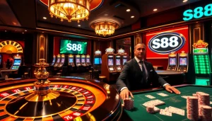 Exciting casino atmosphere featuring poker chips and a roulette wheel promoting S88 gaming experience.
