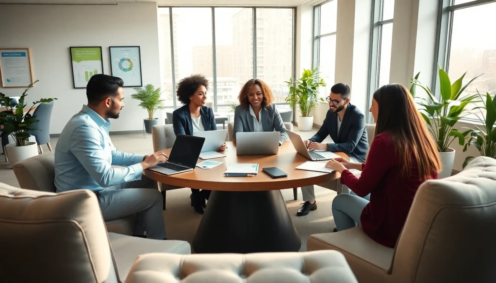 Engaging discussion in a professional business coaching service setting with diverse clients and a coach.