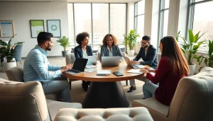 Engaging discussion in a professional business coaching service setting with diverse clients and a coach.