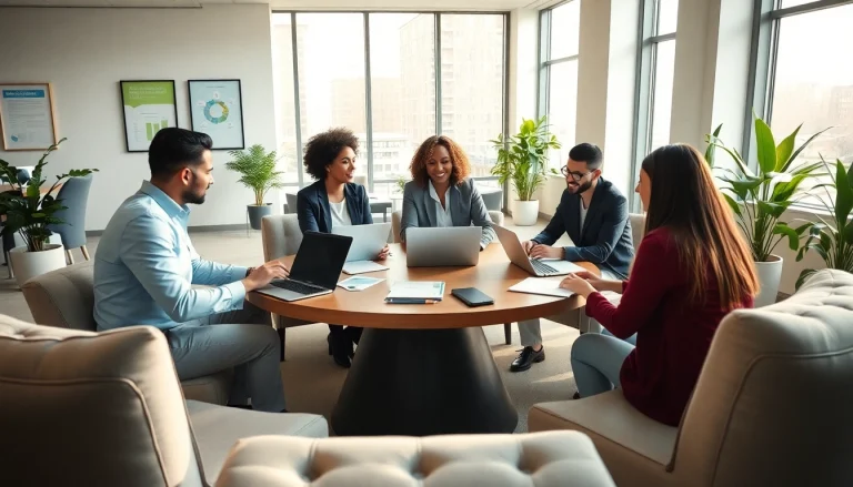 Engaging discussion in a professional business coaching service setting with diverse clients and a coach.