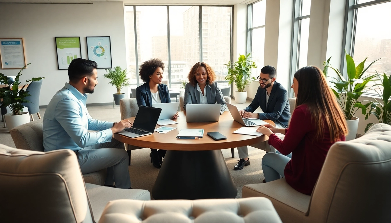 Engaging discussion in a professional business coaching service setting with diverse clients and a coach.