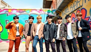 BTS members striking dynamic poses in a lively urban setting, showcasing their charisma and style.