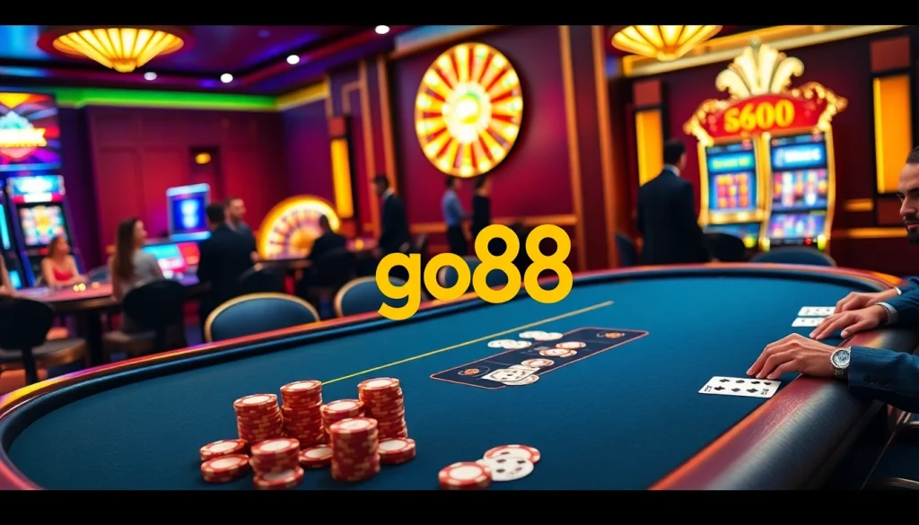 Players enjoying high-stakes poker at go88 with vibrant lights and luxury surroundings.