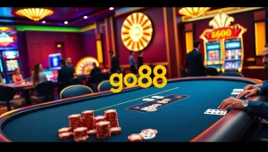 Players enjoying high-stakes poker at go88 with vibrant lights and luxury surroundings.