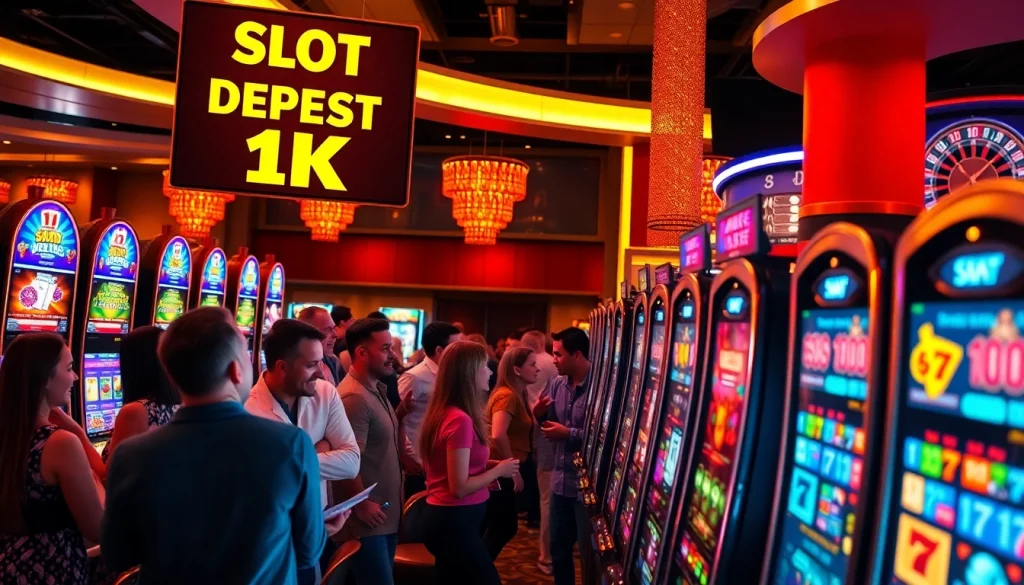 Experience thrilling slot deposit 1k action with eager gamblers enjoying vibrant casino machines.