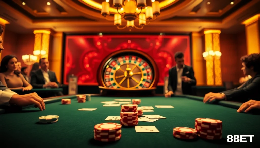 F8BET highlights an exciting poker game with vibrant chips, cards, and a roulette wheel, embodying online gambling excitement.