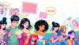 웹툰을 즐기는 사람들이 뉴토끼에서 다양한 콘텐츠를 탐색하는 장면