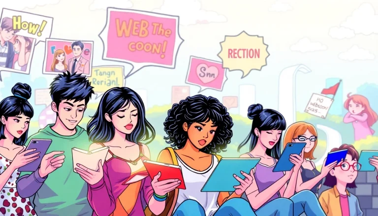 웹툰을 즐기는 사람들이 뉴토끼에서 다양한 콘텐츠를 탐색하는 장면