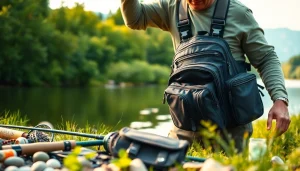 Angler organizing equipment in a Fly fishing bag on the riverbank surrounded by nature.