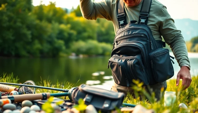 Angler organizing equipment in a Fly fishing bag on the riverbank surrounded by nature.