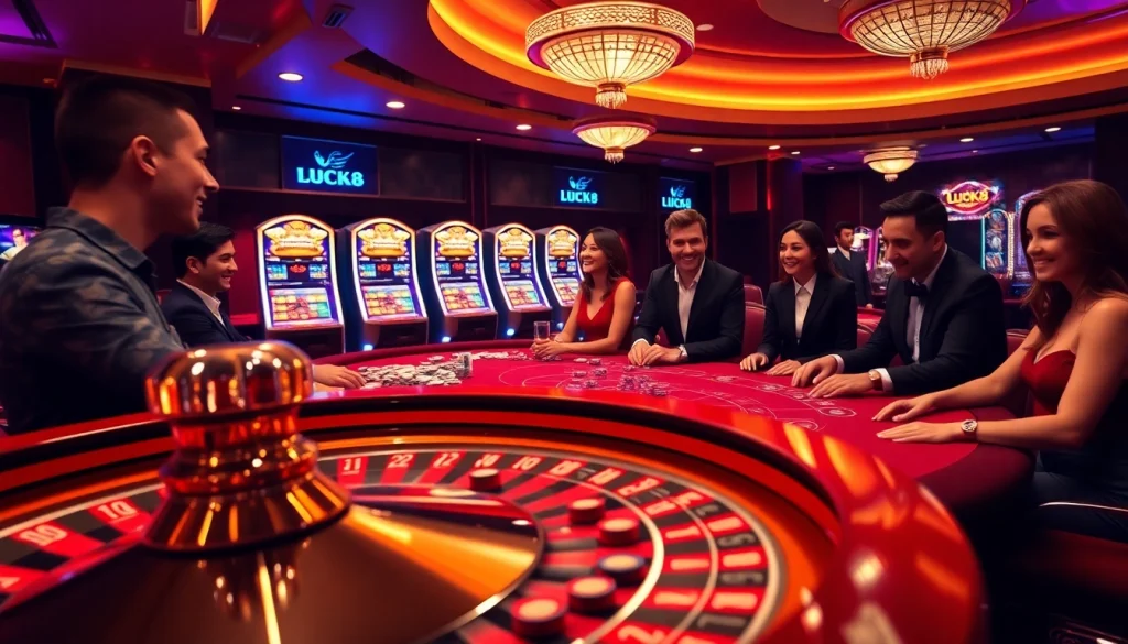 Người chơi LUCK8 tham gia với bánh xe roulette và các chip tại một casino sang trọng.