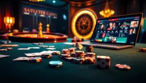 Gagner au meilleur casino en ligne avec des tables de casino vibrantes, des cartes et des jetons dans un cadre luxueux.