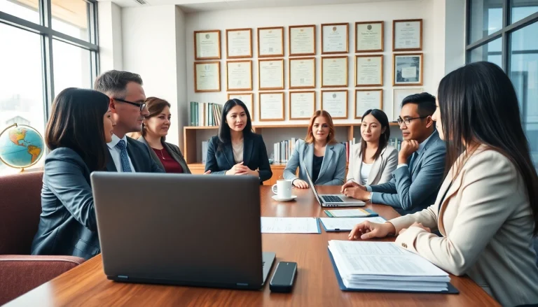 Virginia immigration lawyers assisting diverse clients in a professional office.