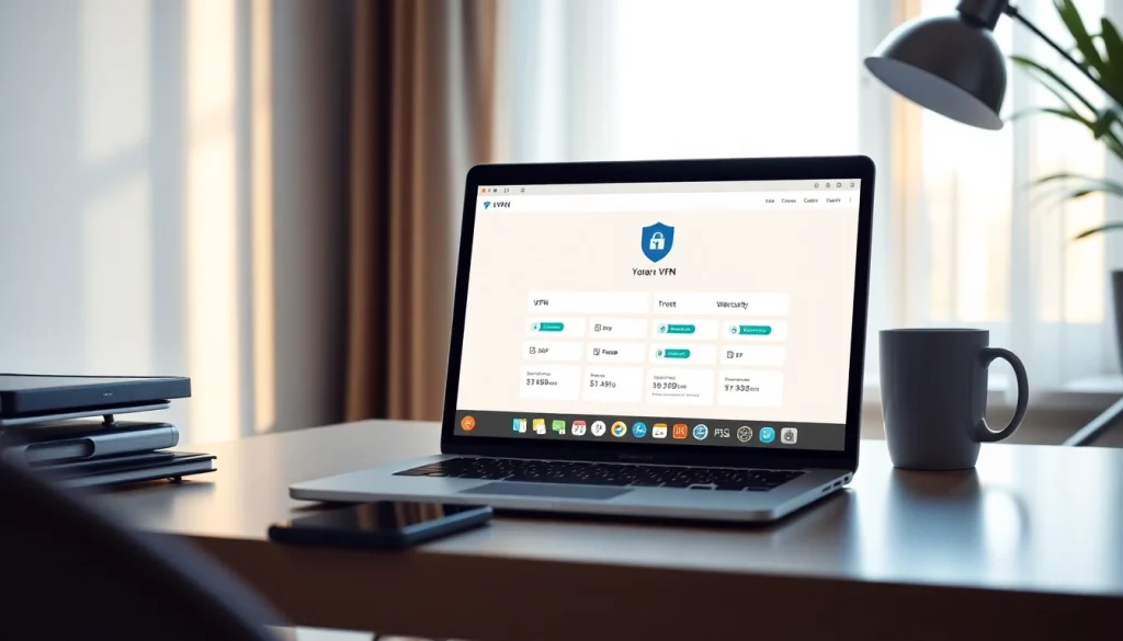 在现代工作空间的笔记本电脑上显示的快连 VPN 界面。