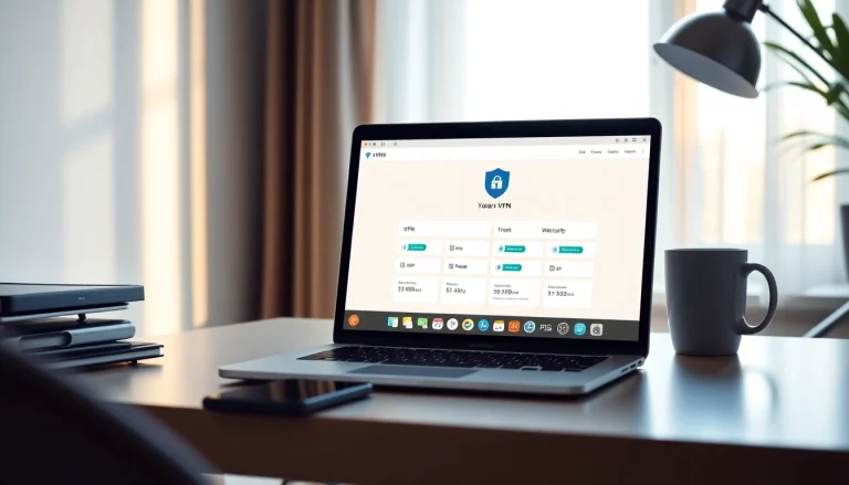 在现代工作空间的笔记本电脑上显示的快连 VPN 界面。