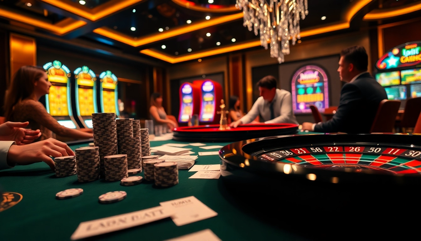 Pemain MABAR88 bermain di meja kasino yang dinamis, dipenuhi chip poker dan mesin slot.