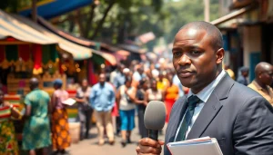 Journalist delivering engaging Kenya News in a vibrant Nairobi market setting.