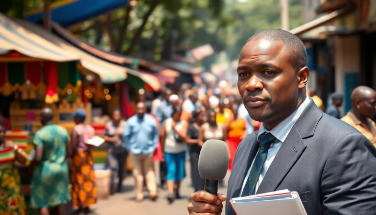 Journalist delivering engaging Kenya News in a vibrant Nairobi market setting.