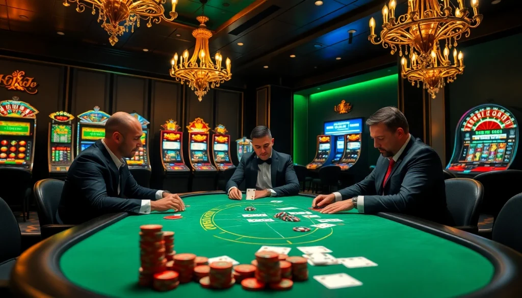 Experienced players betting at a luxurious poker table in a high-stakes KJ C casino ambiance.
