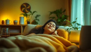 風邪を速く治す効果的な方法（風邪を一晩で治す方法）、ハーブティーを楽しみながら加湿器のそばでくつろぐ人の様子。