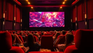 ดูหนังออนไลน์ ในบรรยากาศโรงหนังที่มีผู้ชมสนุกสนานและจอภาพใหญ่