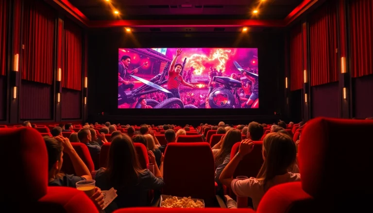 ดูหนังออนไลน์ ในบรรยากาศโรงหนังที่มีผู้ชมสนุกสนานและจอภาพใหญ่