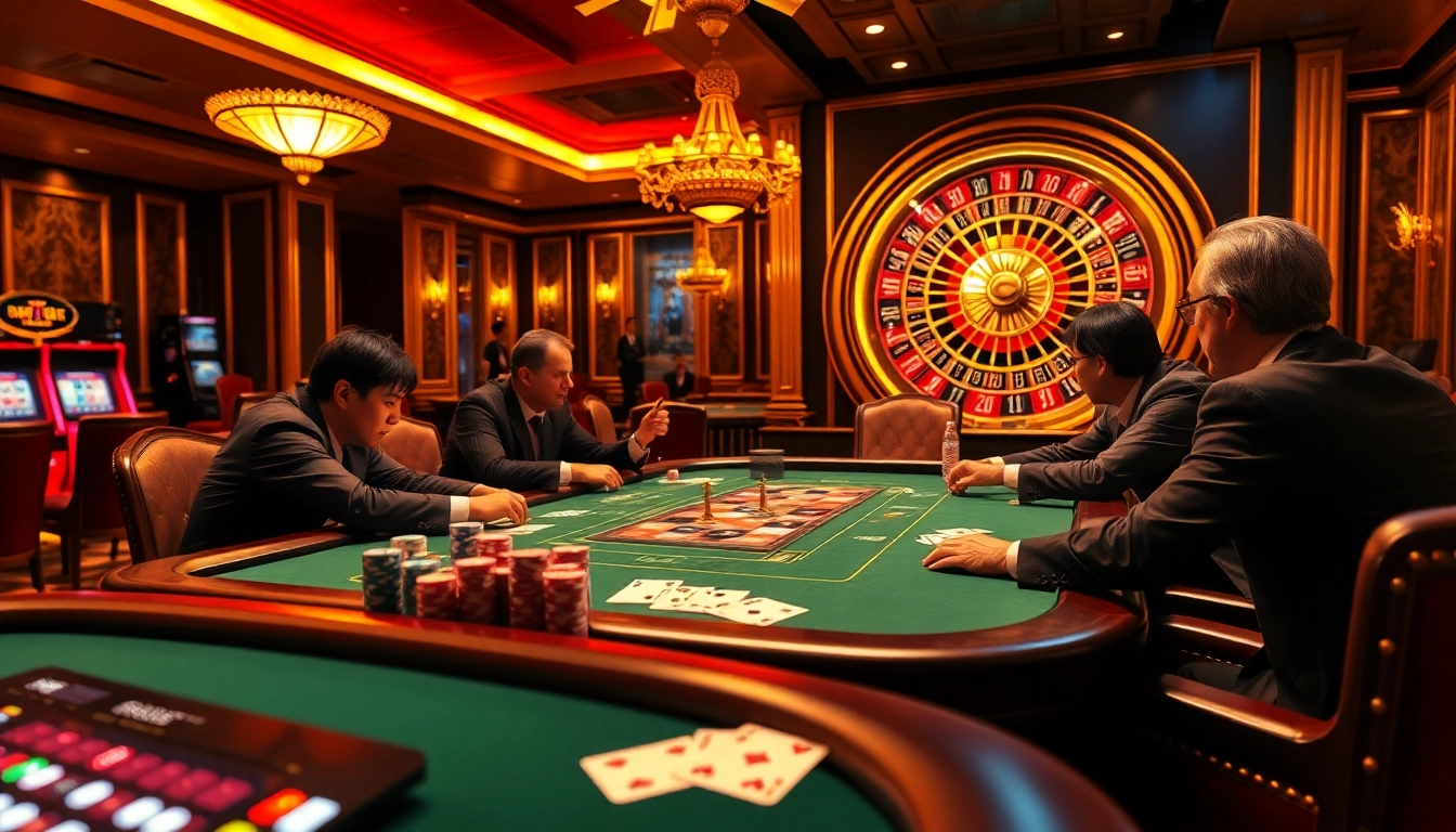 Sebuah permainan poker dinamis dengan elemen idn play yang menampilkan pemain menunjukkan semangat dan keterlibatan di meja kasino yang mewah.