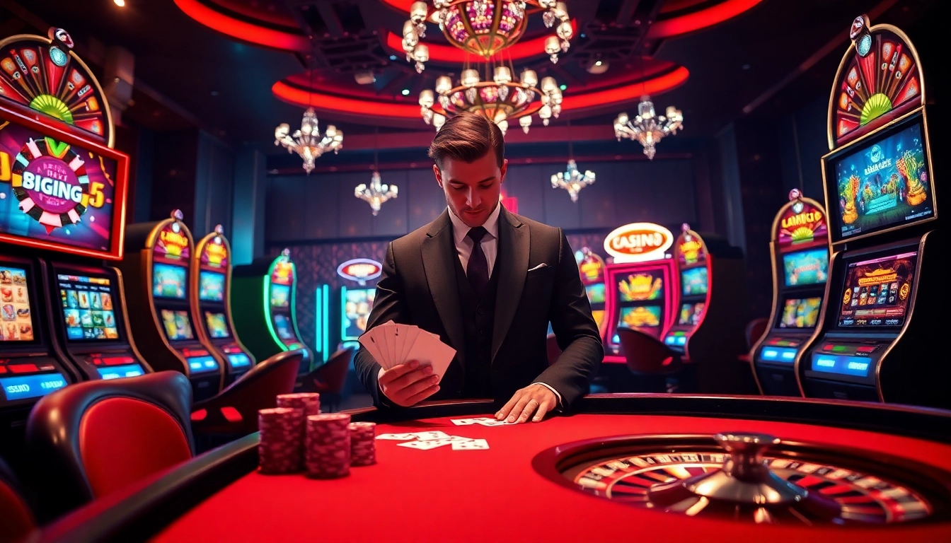 Scène captivante montrant le meilleur casino en ligne avec une action de poker à enjeux élevés et une décoration de casino élégante.