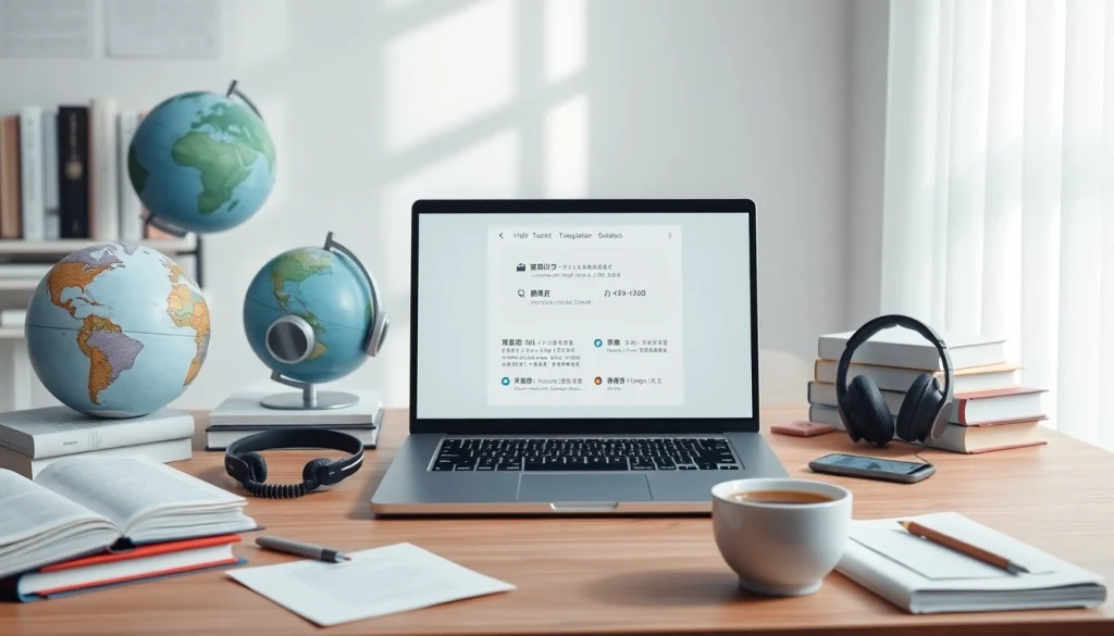 A modern workspace showcasing 有道翻译 on a laptop with books and translation tools.