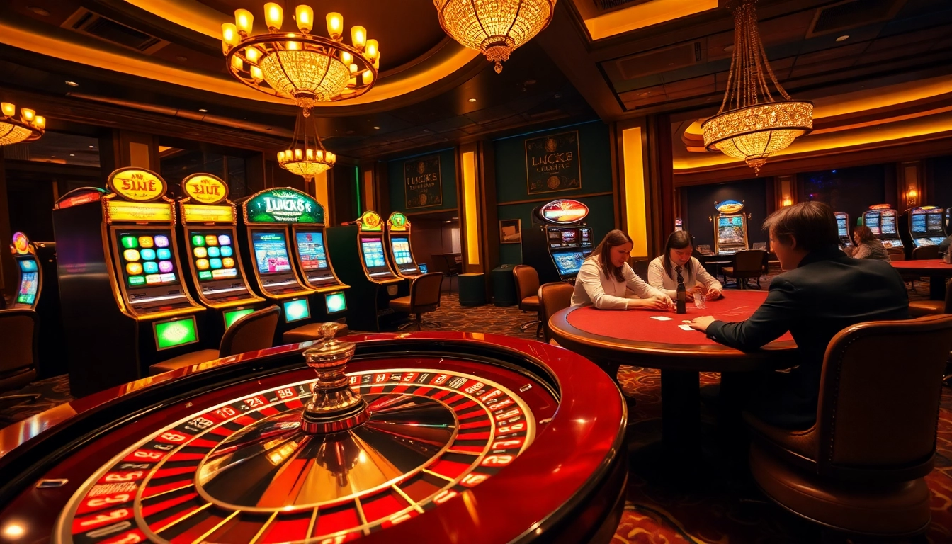LUCK8 casino scene with players at roulette and slot machines enjoying gaming excitement.