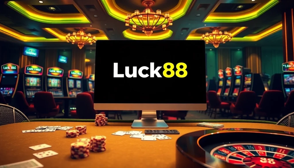 Experience immersive gaming action at Luck88 with vibrant casino visuals of tables and slot machines.