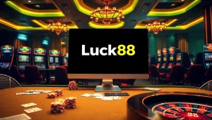 Experience immersive gaming action at Luck88 with vibrant casino visuals of tables and slot machines.