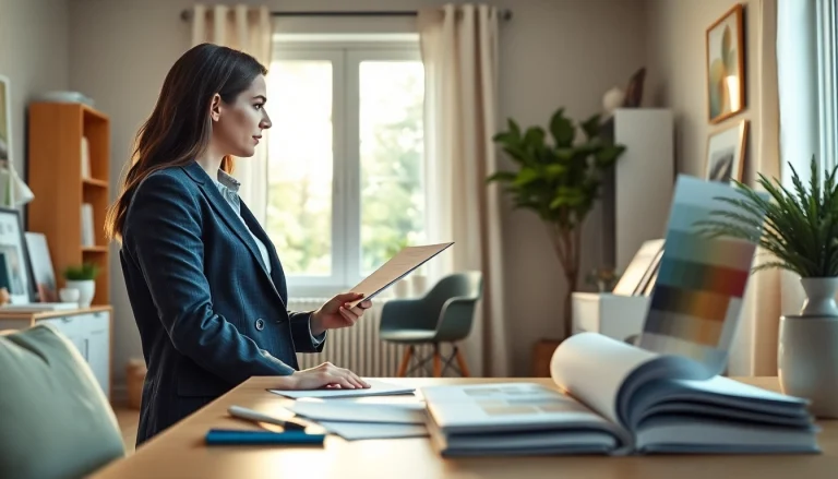 Projektant wnętrz online z kolorowymi próbkami w eleganckim biurze.