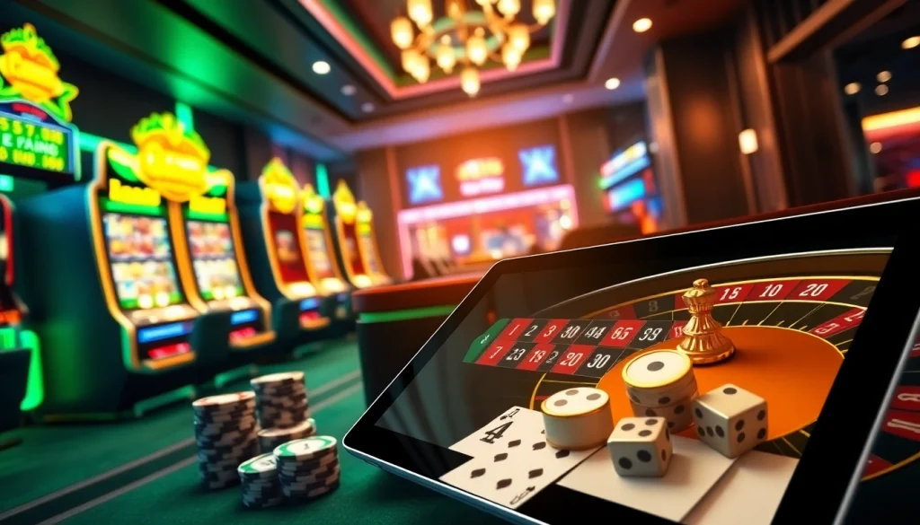Experience the excitement of RR88 with vibrant slot machines, poker chips, and roulette wheels.