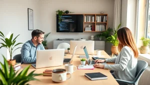 Engaged team collaborating on remote software development jobs in a stylish home office.