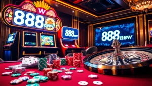 Exciting casino gaming scene featuring "888new" on screens, vibrant poker chips, and a shining roulette wheel.