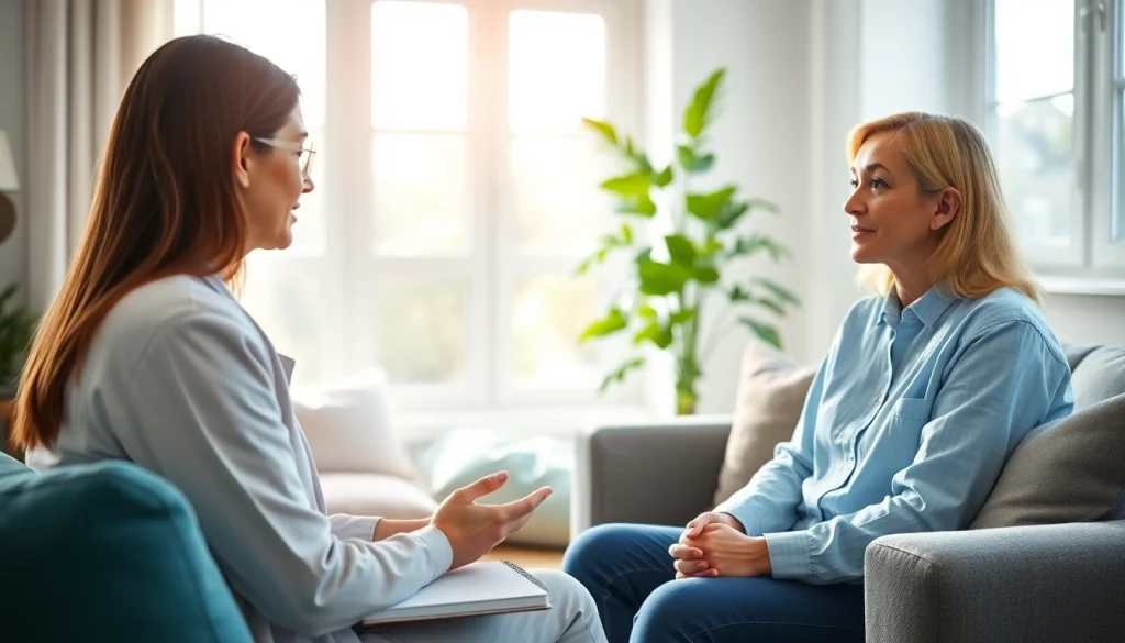 Anxiety symptoms discussion in a calming therapy session with a supportive atmosphere.