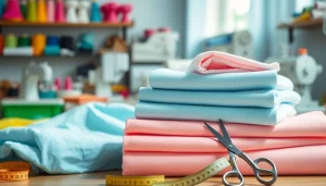 Katoenen stof per meter in kleurrijke stoffenrollen in een naaiatelier.