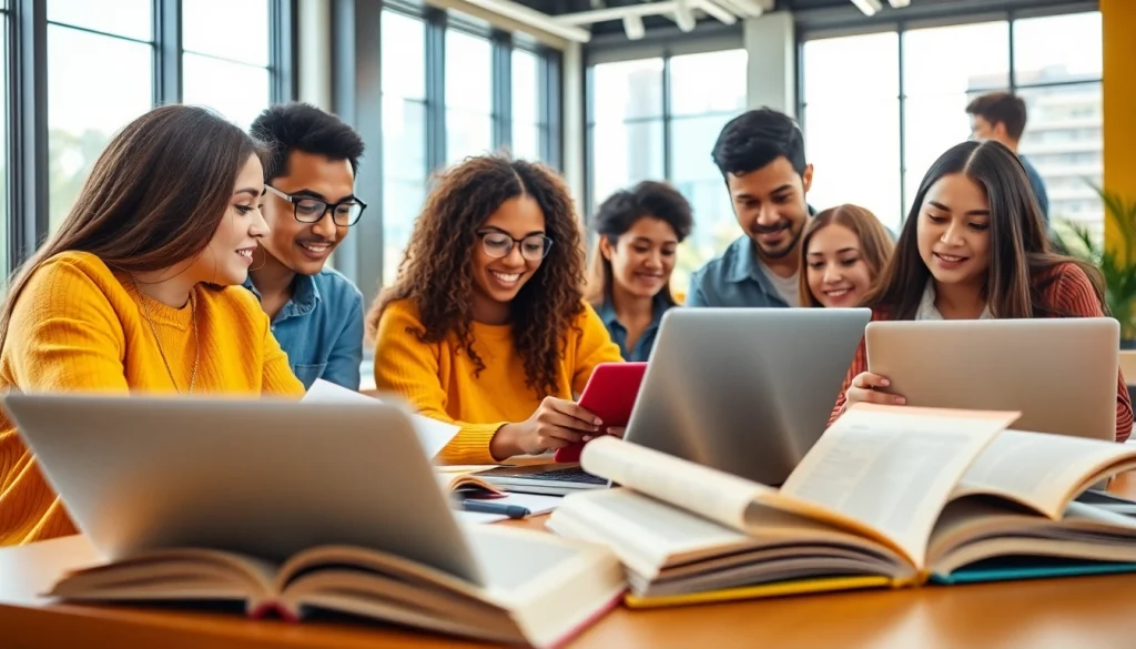 Group of students engaged in online exam assistance at a bright study space.