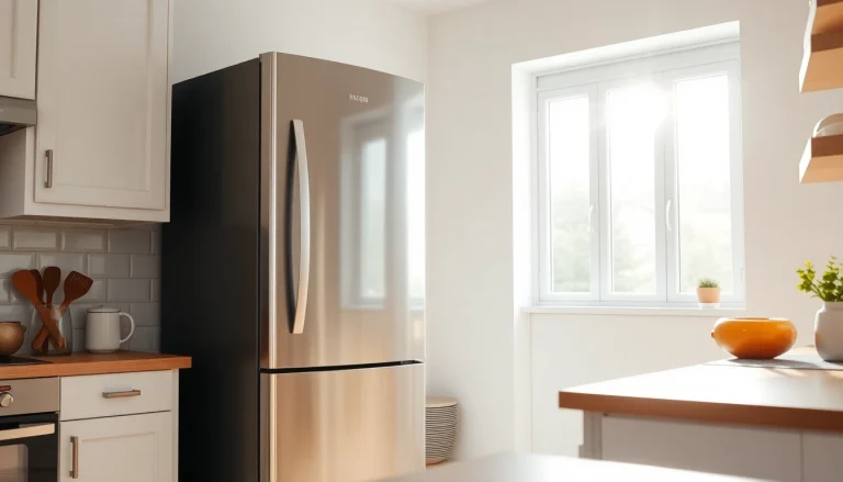 Modern Refrigerator showcasing sleek design and open door filled with fresh produce.