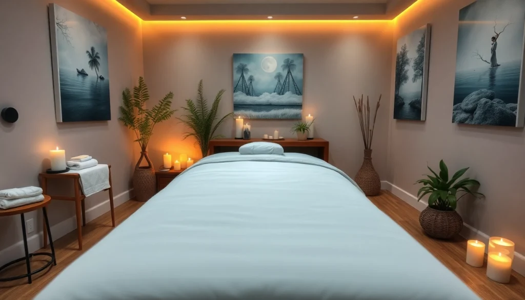 편안한 분위기와 고급스러운 리넨이 있는 편안한 마사지 치료실.